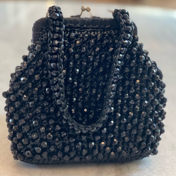 Retro Vintage Small Delia Black Beaded Frame Satchel Purse Hand Made In Italy - Picture 5 of 11